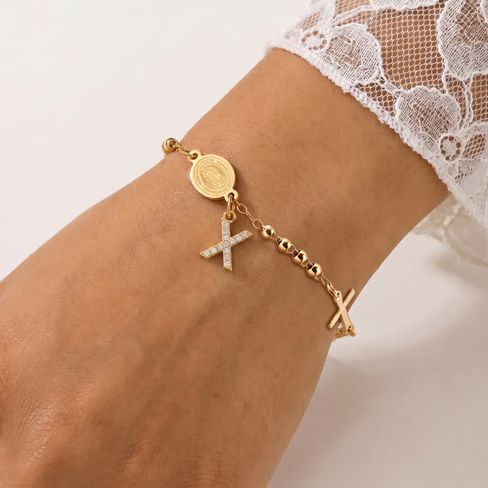 Christianartworkshop Customizable 26 Letter Paved Zircon Initial Beaded Rosary Bracelet With Our Lady Miraculous Medal - X - image 28