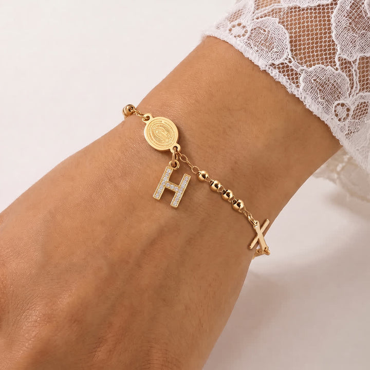 Christianartworkshop Customizable 26 Letter Paved Zircon Initial Beaded Rosary Bracelet With Our Lady Miraculous Medal - H - image 12