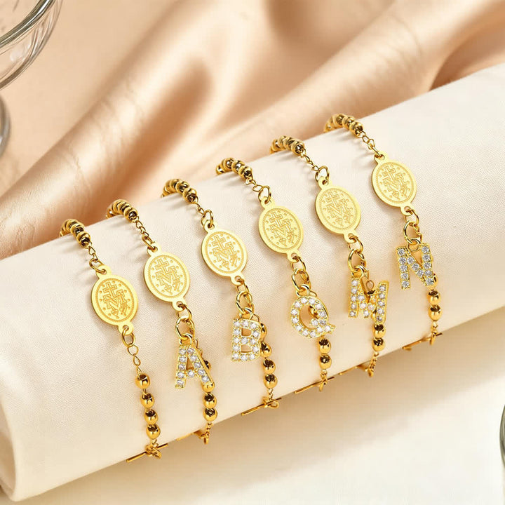 Christianartworkshop Customizable 26 Letter Paved Zircon Initial Beaded Rosary Bracelet With Our Lady Miraculous Medal - image 2