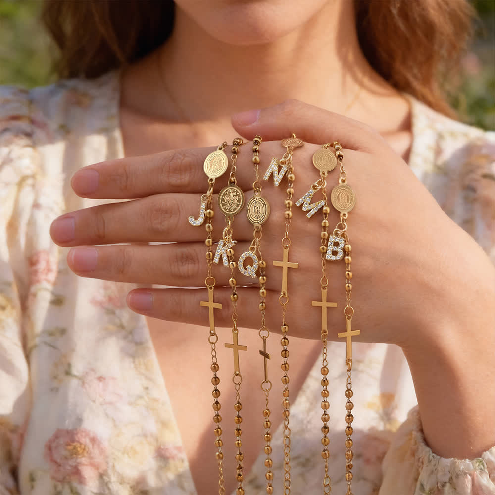 Christianartworkshop Customizable 26 Letter Paved Zircon Initial Beaded Rosary Bracelet With Our Lady Miraculous Medal - image 1