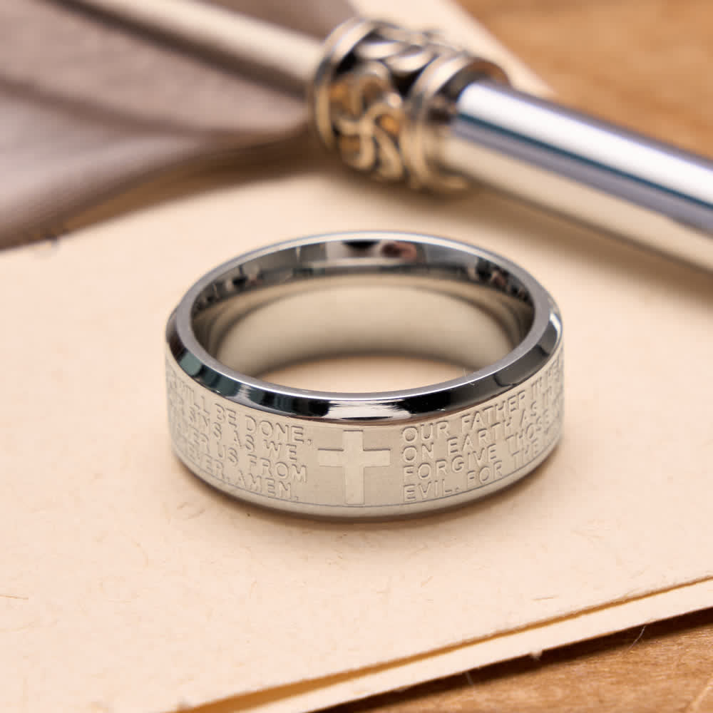 Christianartworkshop Deep Engraved Cross Lord’s Prayer Stainless Steel Wide Band Ring: Emblem of Abiding Heavenly Faith - Silver - US 13 - image 6