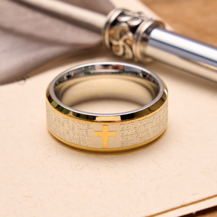 Christianartworkshop Deep Engraved Cross Lord’s Prayer Stainless Steel Wide Band Ring: Emblem of Abiding Heavenly Faith - Silver & Golden - US 13 - image 10