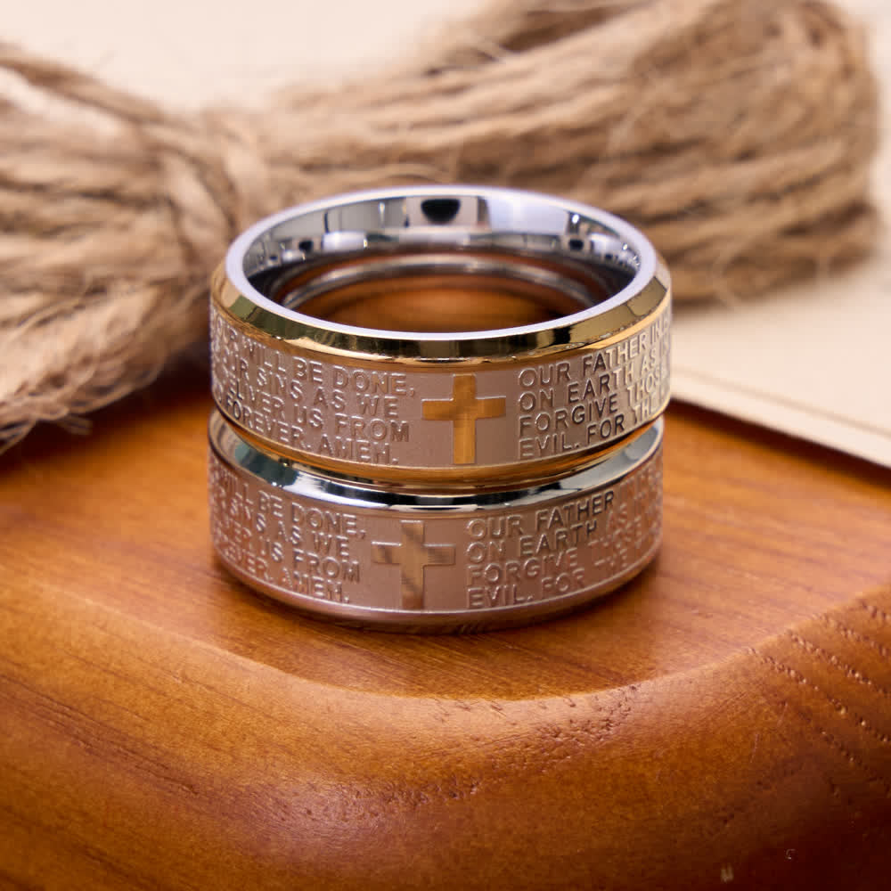Christianartworkshop Deep Engraved Cross Lord’s Prayer Stainless Steel Wide Band Ring: Emblem of Abiding Heavenly Faith - image 0
