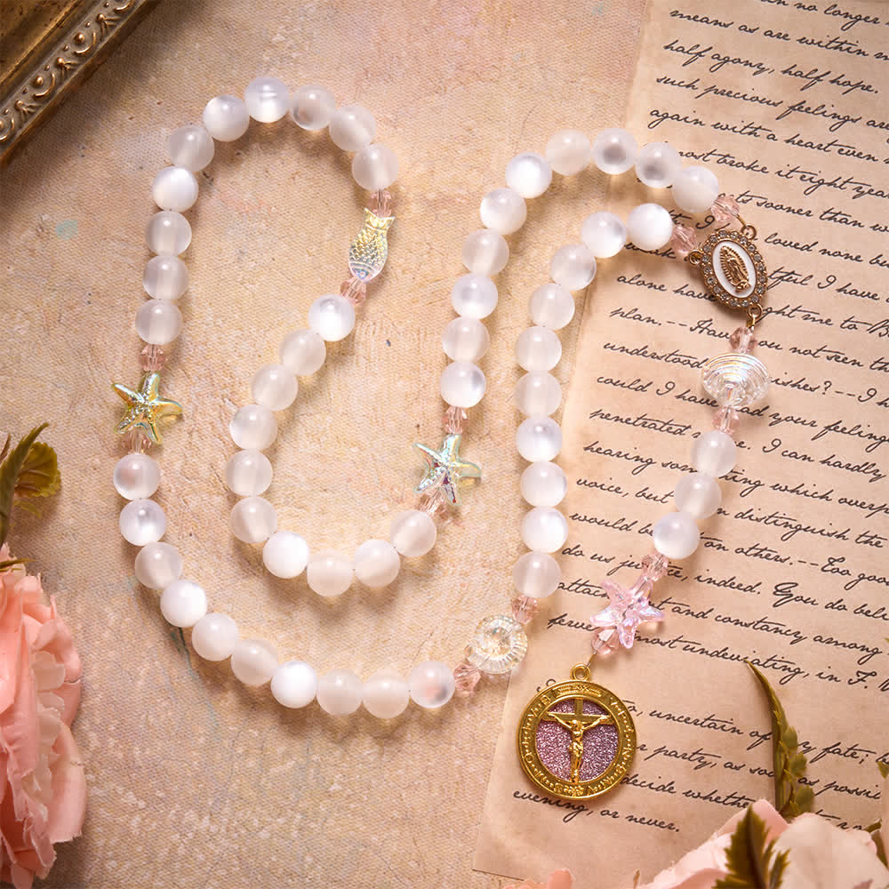 Christianartworkshop Summer Ocean Themed Frosted Matte Bead Rosary With Starfish & Fish Crystal Charms - image 3