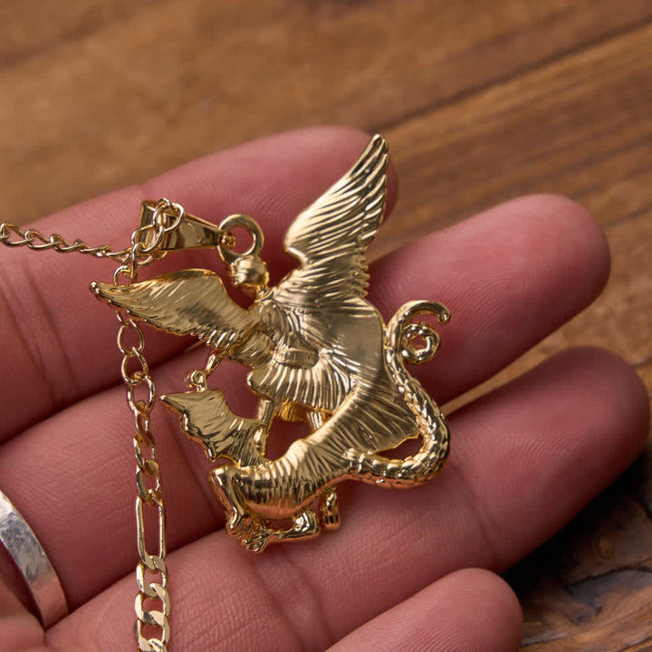 Christianartworkshop Three-Tone Electroplated 3D Embossed Saint Michael Archangel Figaro Chain Necklace - image 5