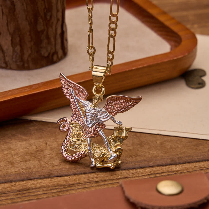 Christianartworkshop Three-Tone Electroplated 3D Embossed Saint Michael Archangel Figaro Chain Necklace - St.Michael - image 0