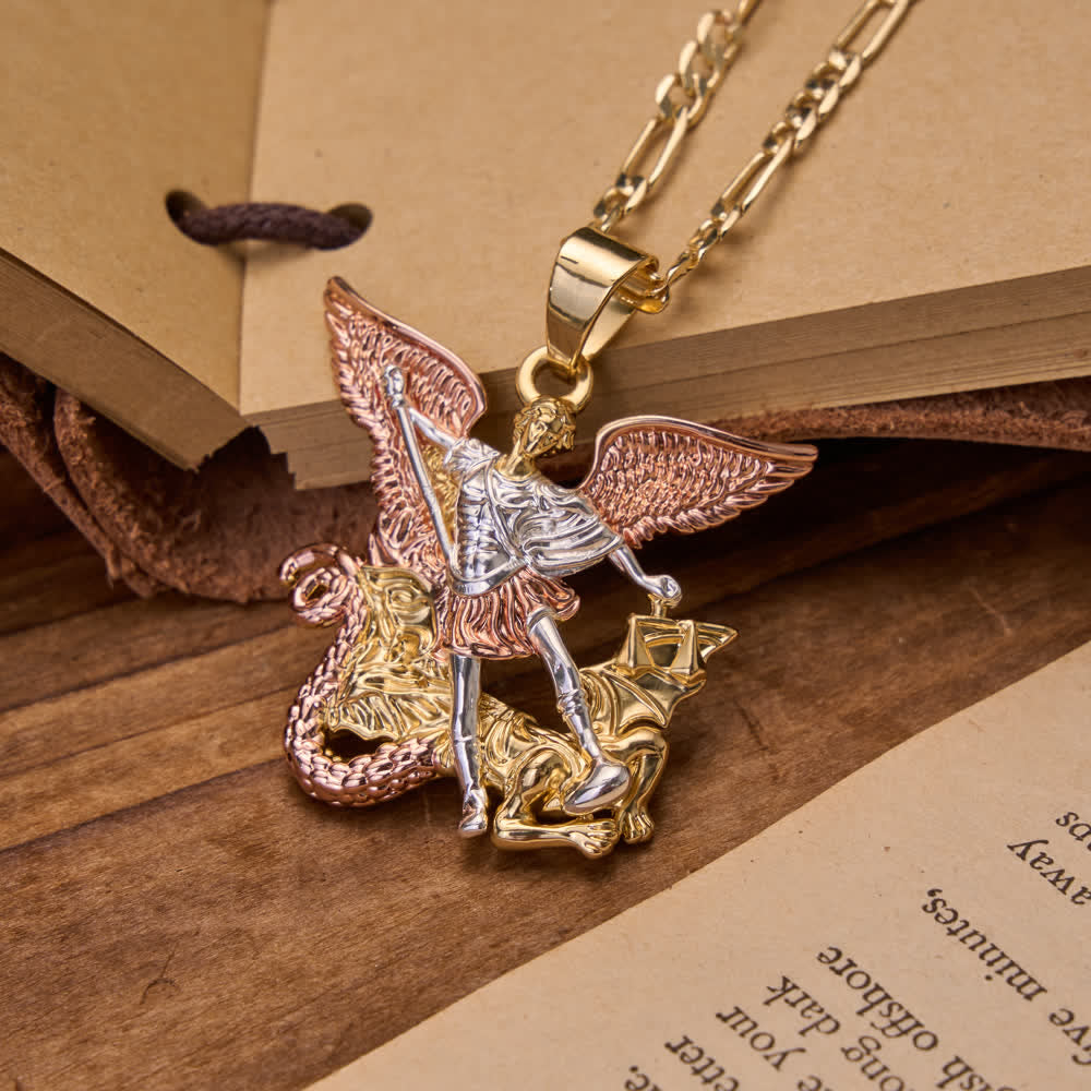 Christianartworkshop Three-Tone Electroplated 3D Embossed Saint Michael Archangel Figaro Chain Necklace - image 1