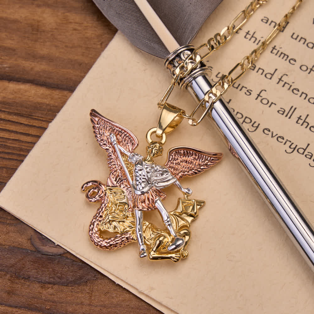 Christianartworkshop Three-Tone Electroplated 3D Embossed Saint Michael Archangel Figaro Chain Necklace - image 2