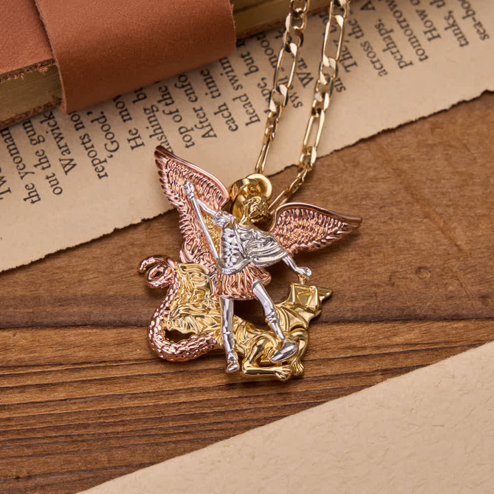 Christianartworkshop Three-Tone Electroplated 3D Embossed Saint Michael Archangel Figaro Chain Necklace - image 3