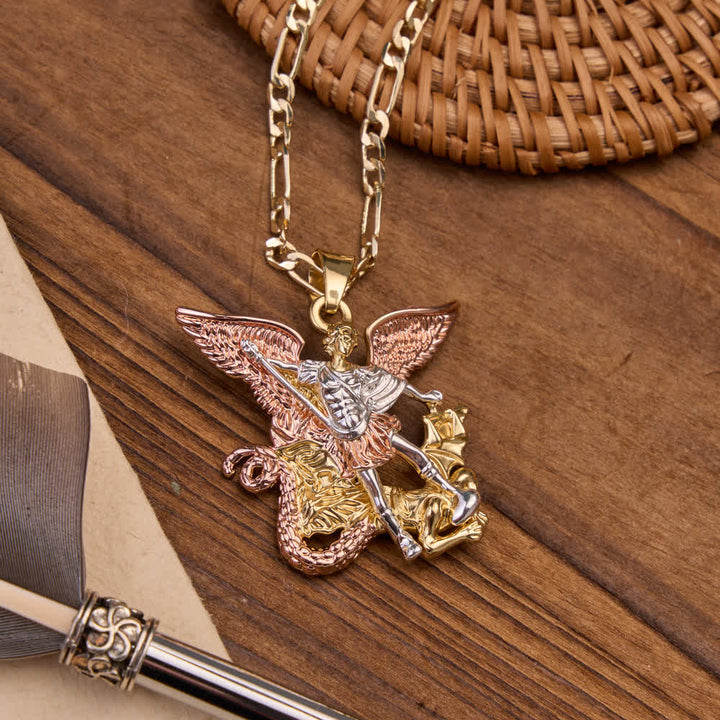 Christianartworkshop Three-Tone Electroplated 3D Embossed Saint Michael Archangel Figaro Chain Necklace - image 4