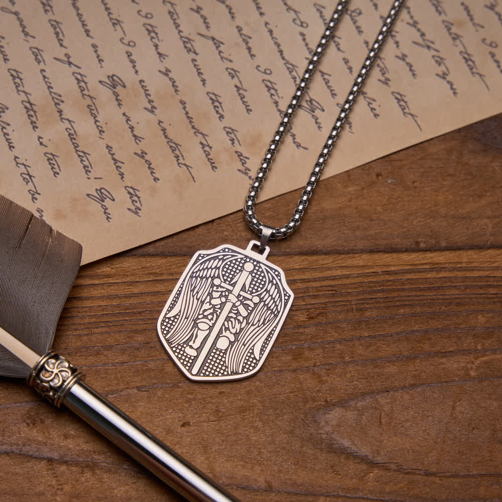 Christianartworkshop Double-Sided Deep Engraved Saint Michael Archangel Shield Box Chain Necklace - image 5