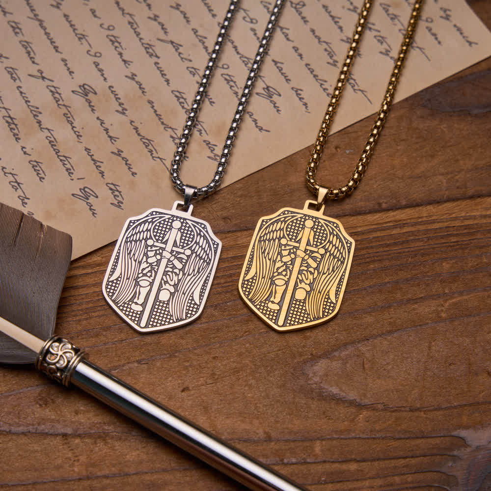 Christianartworkshop Double-Sided Deep Engraved Saint Michael Archangel Shield Box Chain Necklace - image 0