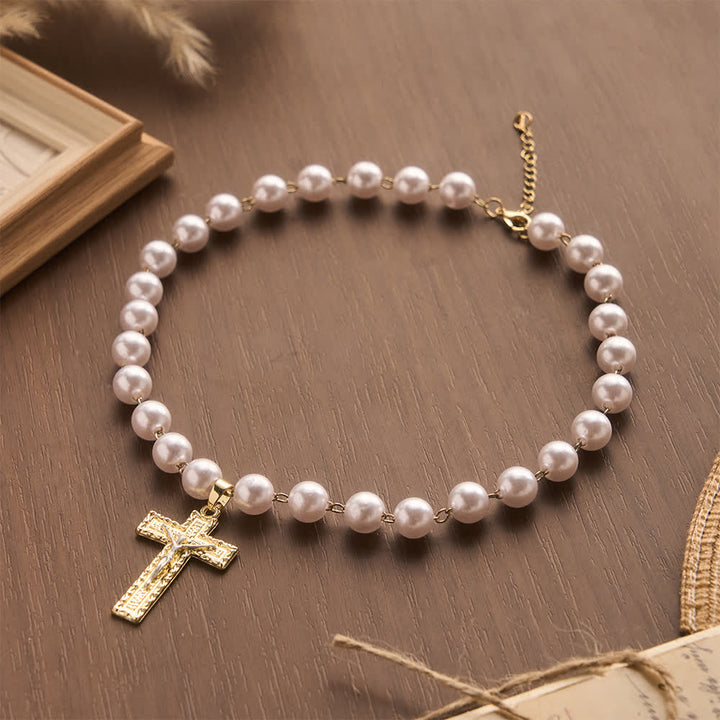 Christianartworkshop Lustrous Round Pearl Bead Two-Tone Embossed Crucifix Necklace: Emblem of Pure Heavenly Serenity - image 2