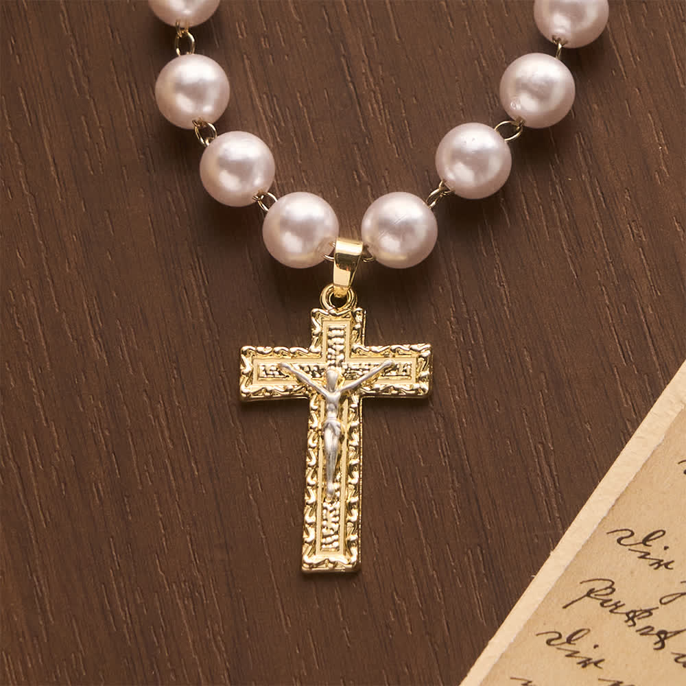 Christianartworkshop Lustrous Round Pearl Bead Two-Tone Embossed Crucifix Necklace: Emblem of Pure Heavenly Serenity - image 1