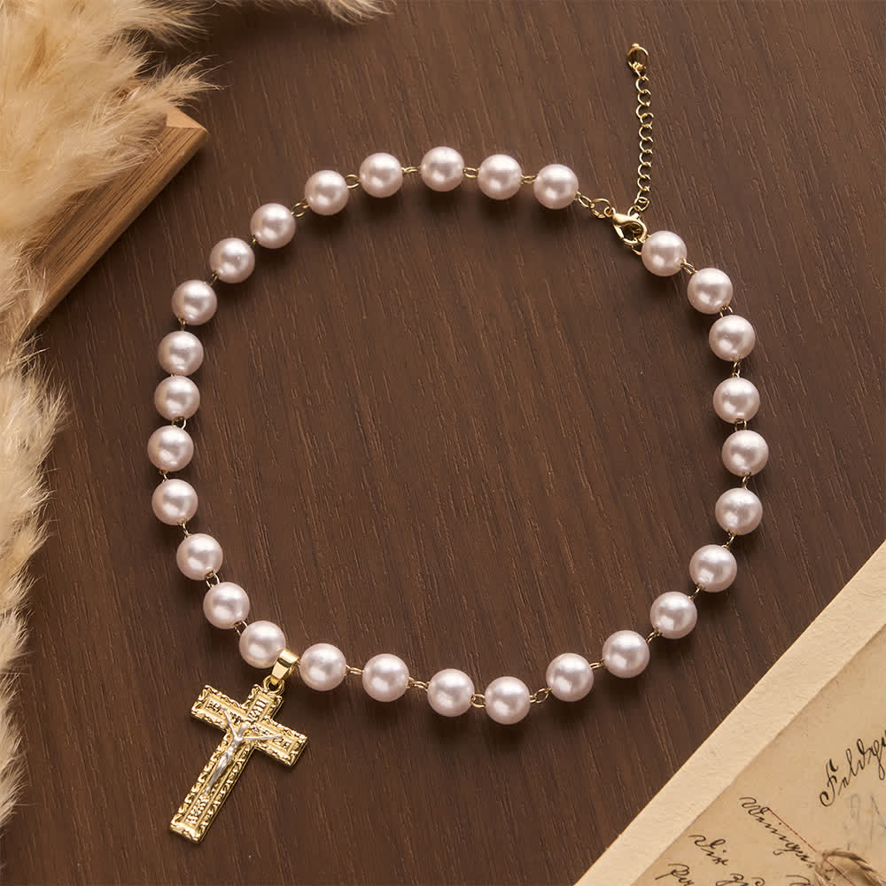 Christianartworkshop Lustrous Round Pearl Bead Two-Tone Embossed Crucifix Necklace: Emblem of Pure Heavenly Serenity - Pearl Crucifix - image 0