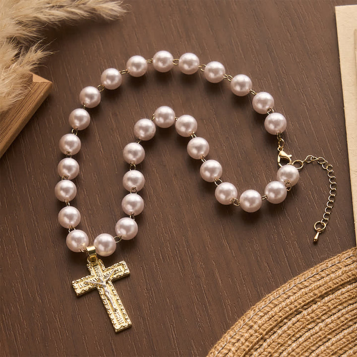 Christianartworkshop Lustrous Round Pearl Bead Two-Tone Embossed Crucifix Necklace: Emblem of Pure Heavenly Serenity - image 3
