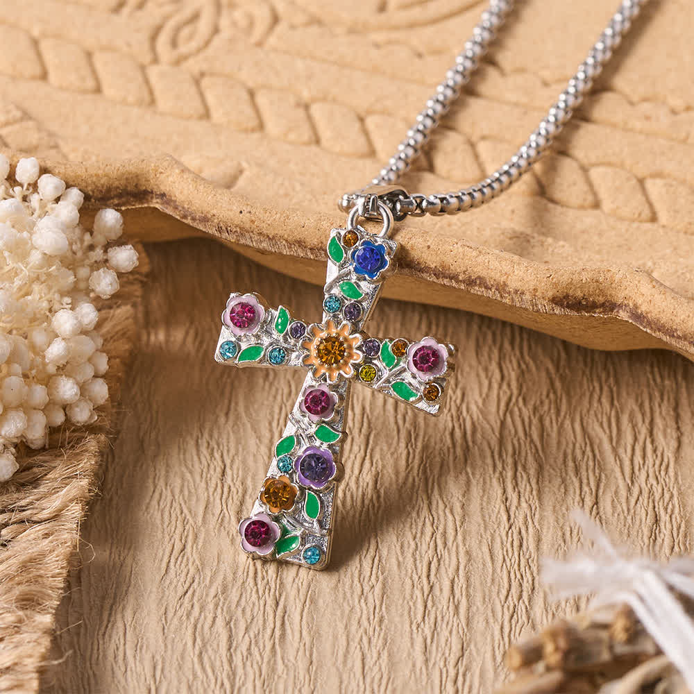 Christianartworkshop Enamel Floral Multi-Colored Zircon Cross Box Chain Necklace: Emblem of Vibrant Heavenly Hope - Flora-Themed Cross - image 0