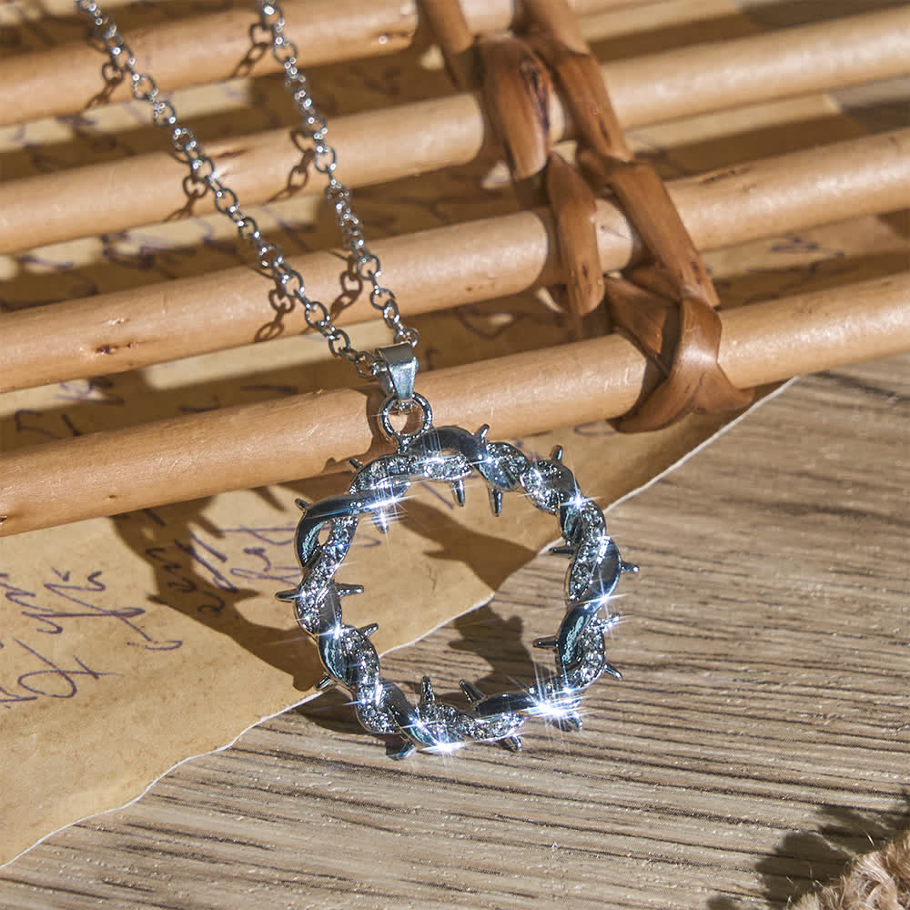 Christianartworkshop Paved Zircon Open Circle Crown of Thorns Pendant Necklace: Emblem of Sacred Redeeming Grace - Silver - image 0