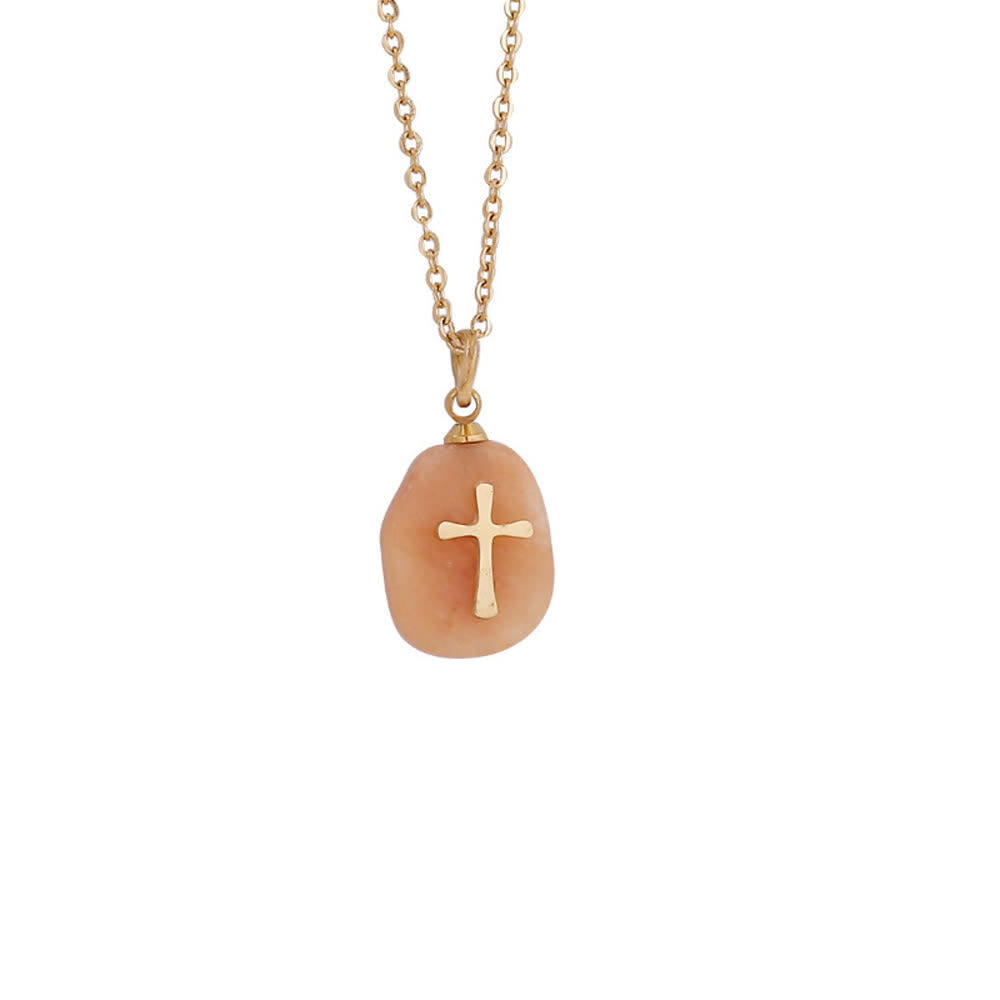 Christianartworkshop Organic Irregular Natural Stone Overlay Metal Cross Necklace: Emblem of Steadfast Heavenly Faith - Orange Aventurine - image 9