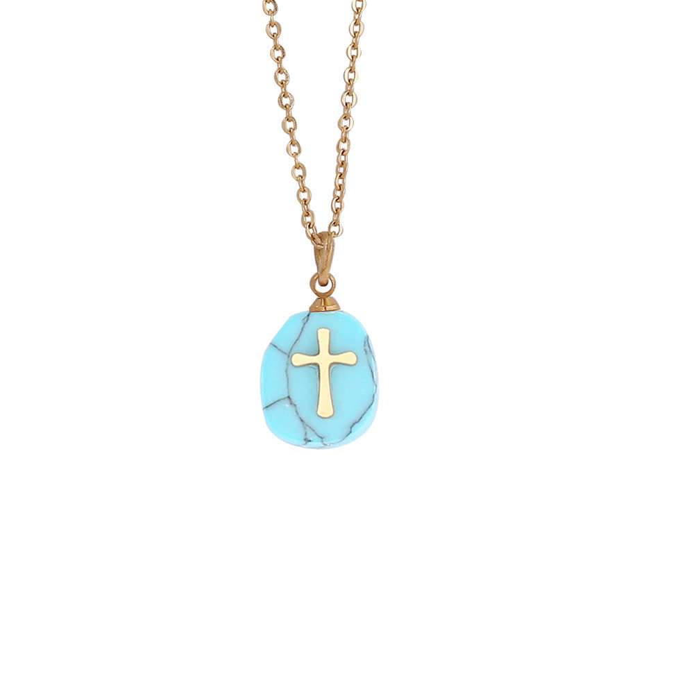 Christianartworkshop Organic Irregular Natural Stone Overlay Metal Cross Necklace: Emblem of Steadfast Heavenly Faith - Oval Shape Turquoise - image 8