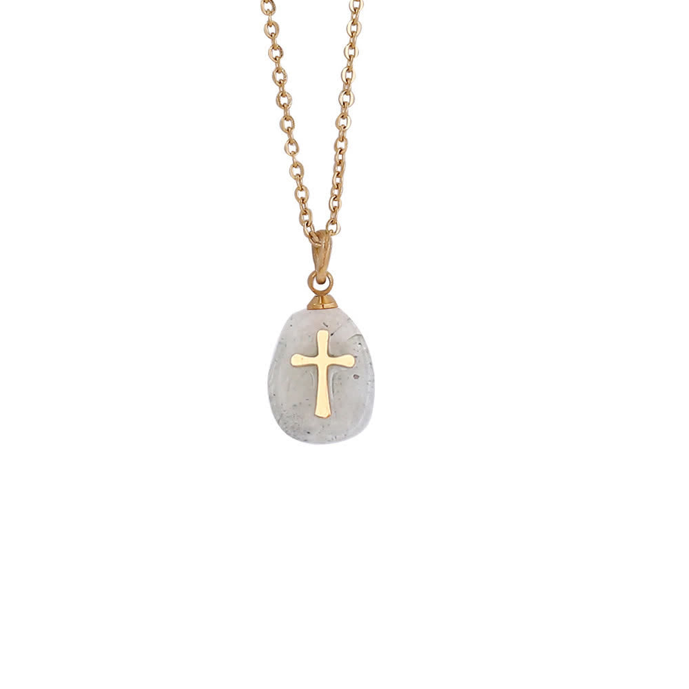 Christianartworkshop Organic Irregular Natural Stone Overlay Metal Cross Necklace: Emblem of Steadfast Heavenly Faith - Rutilated Quartz - image 7