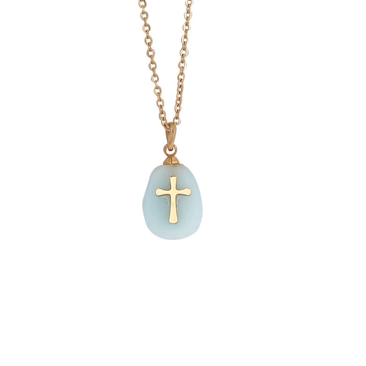 Christianartworkshop Organic Irregular Natural Stone Overlay Metal Cross Necklace: Emblem of Steadfast Heavenly Faith - Amazonite - image 5