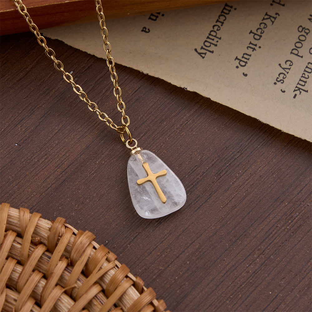 Christianartworkshop Organic Irregular Natural Stone Overlay Metal Cross Necklace: Emblem of Steadfast Heavenly Faith - Clear Quartz - image 3