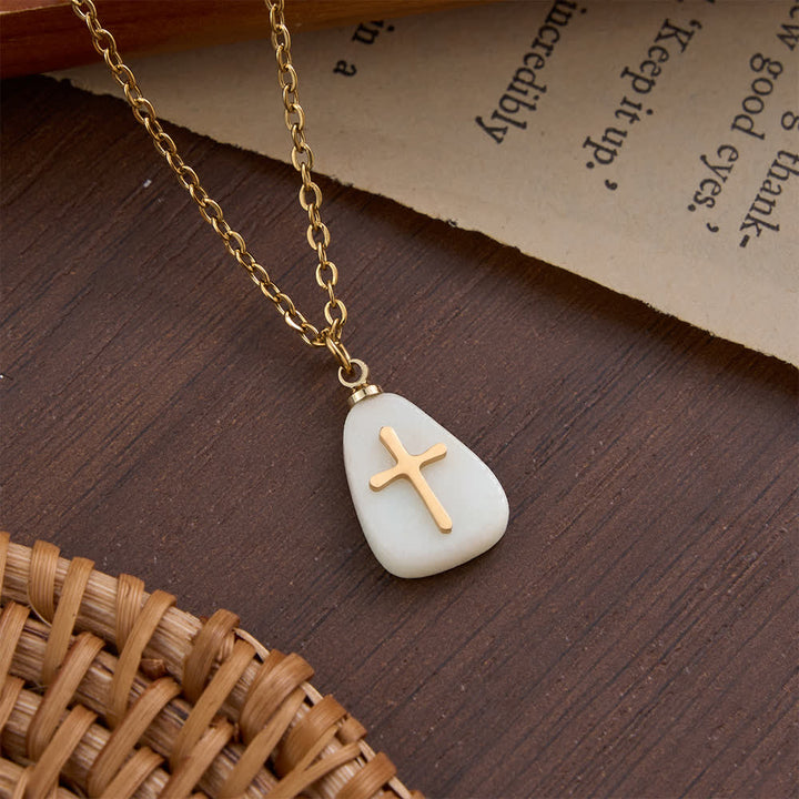 Christianartworkshop Organic Irregular Natural Stone Overlay Metal Cross Necklace: Emblem of Steadfast Heavenly Faith - White Chalcedony - image 1