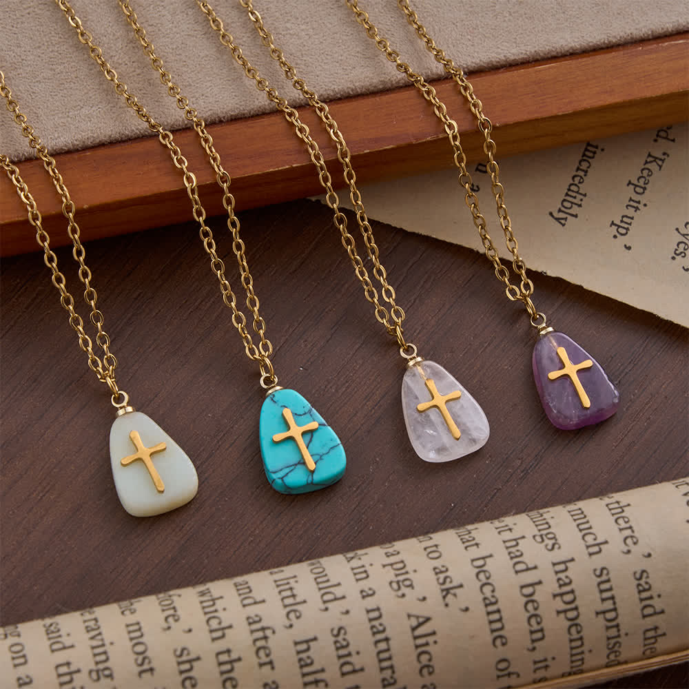 Christianartworkshop Organic Irregular Natural Stone Overlay Metal Cross Necklace: Emblem of Steadfast Heavenly Faith - image 0