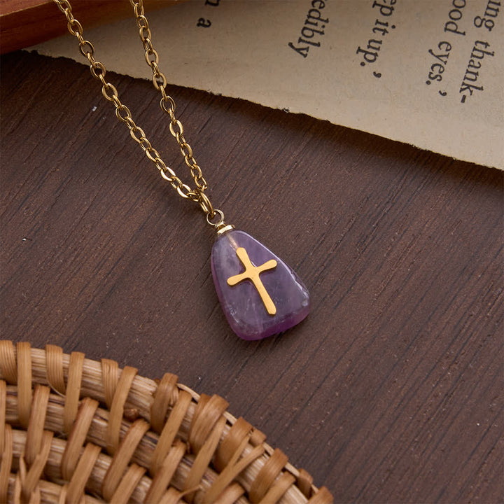 Christianartworkshop Organic Irregular Natural Stone Overlay Metal Cross Necklace: Emblem of Steadfast Heavenly Faith - Amethyst - image 4
