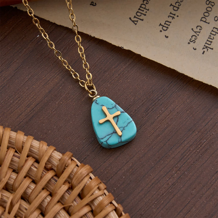 Christianartworkshop Organic Irregular Natural Stone Overlay Metal Cross Necklace: Emblem of Steadfast Heavenly Faith - Drop Shape Turquoise - image 2