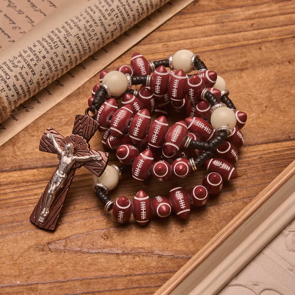 Christianartworkshop Rugby Molded Bead Knotted Cord Rosary With Wood-Grain Crucifix: Emblem of Courageous Heavenly Perseverance - image 1