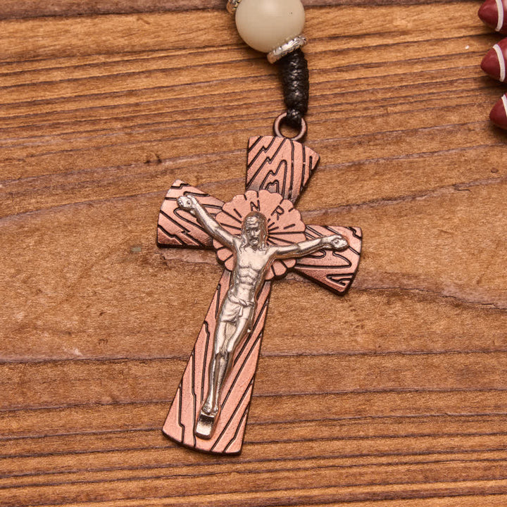 Christianartworkshop Rugby Molded Bead Knotted Cord Rosary With Wood-Grain Crucifix: Emblem of Courageous Heavenly Perseverance - image 4