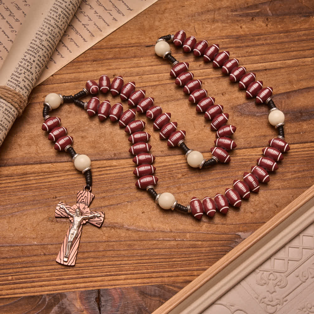 Christianartworkshop Rugby Molded Bead Knotted Cord Rosary With Wood-Grain Crucifix: Emblem of Courageous Heavenly Perseverance - Rugby-Themed Rosary - image 0