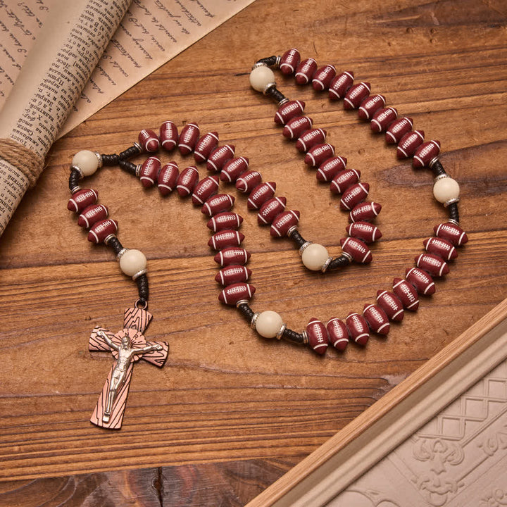 Christianartworkshop Rugby Molded Bead Knotted Cord Rosary With Wood-Grain Crucifix: Emblem of Courageous Heavenly Perseverance - Rugby-Themed Rosary - image 0