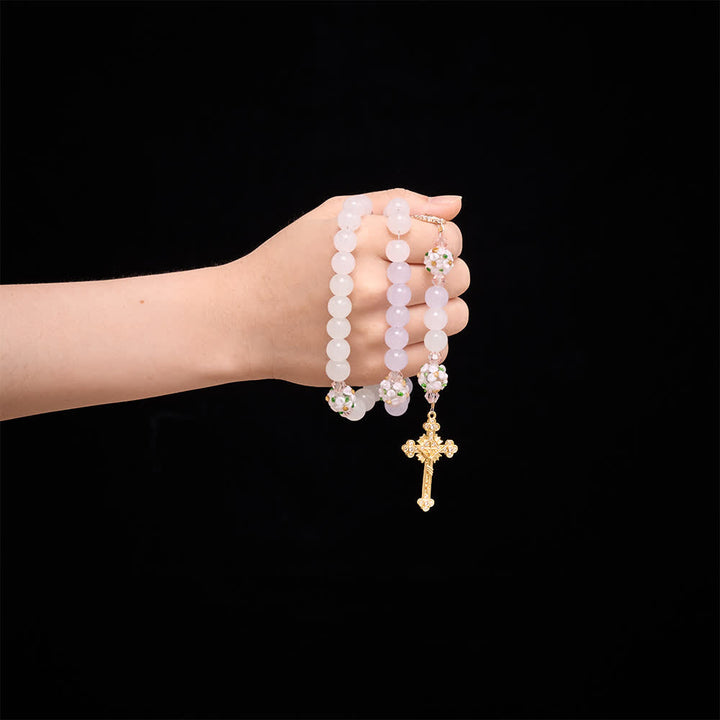 Christianartworkshop Gradient Pink Lavender Milky White Floral Glass Bead Rosary With Rhinestone Cross & Our Lady Medal - image 1