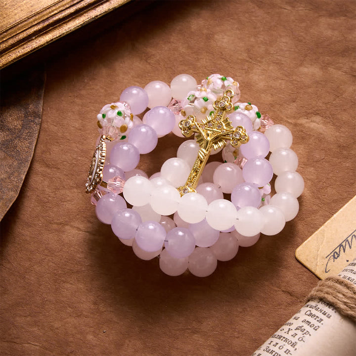 Christianartworkshop Gradient Pink Lavender Milky White Floral Glass Bead Rosary With Rhinestone Cross & Our Lady Medal - image 4