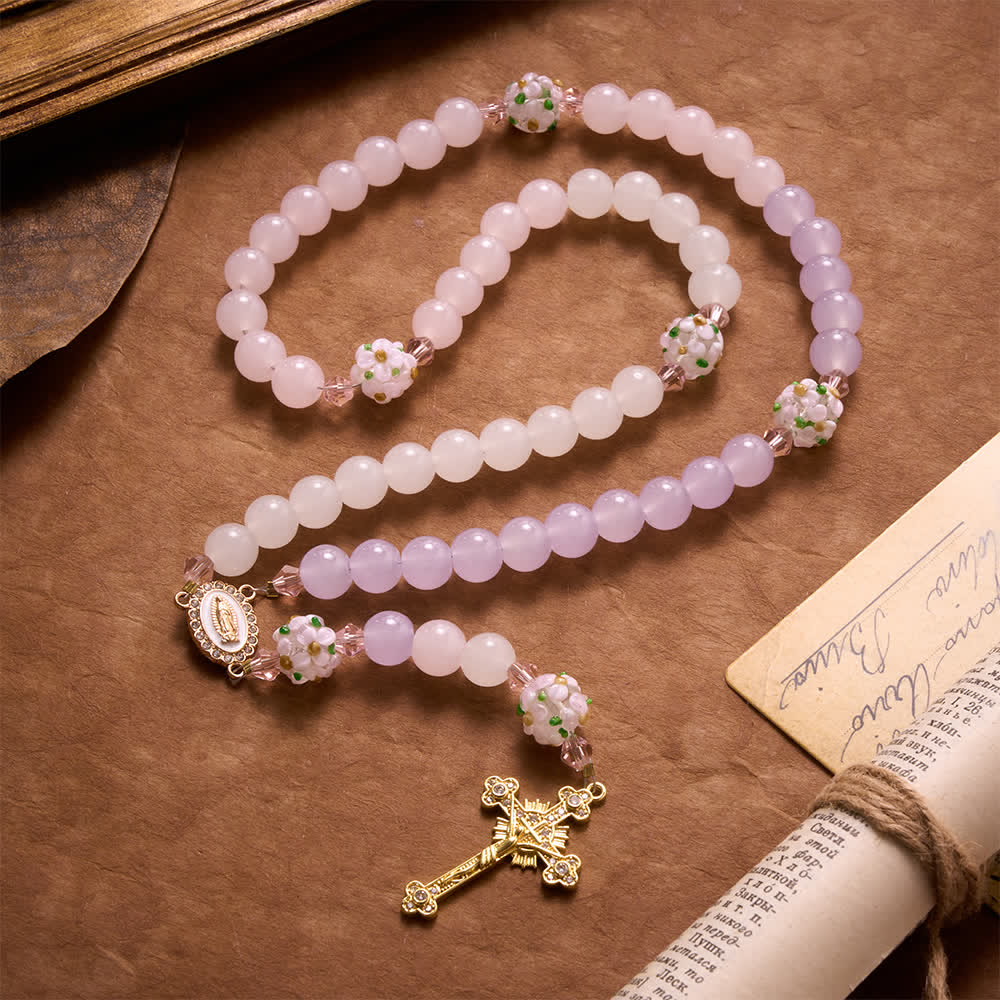 Christianartworkshop Gradient Pink Lavender Milky White Floral Glass Bead Rosary With Rhinestone Cross & Our Lady Medal - image 5