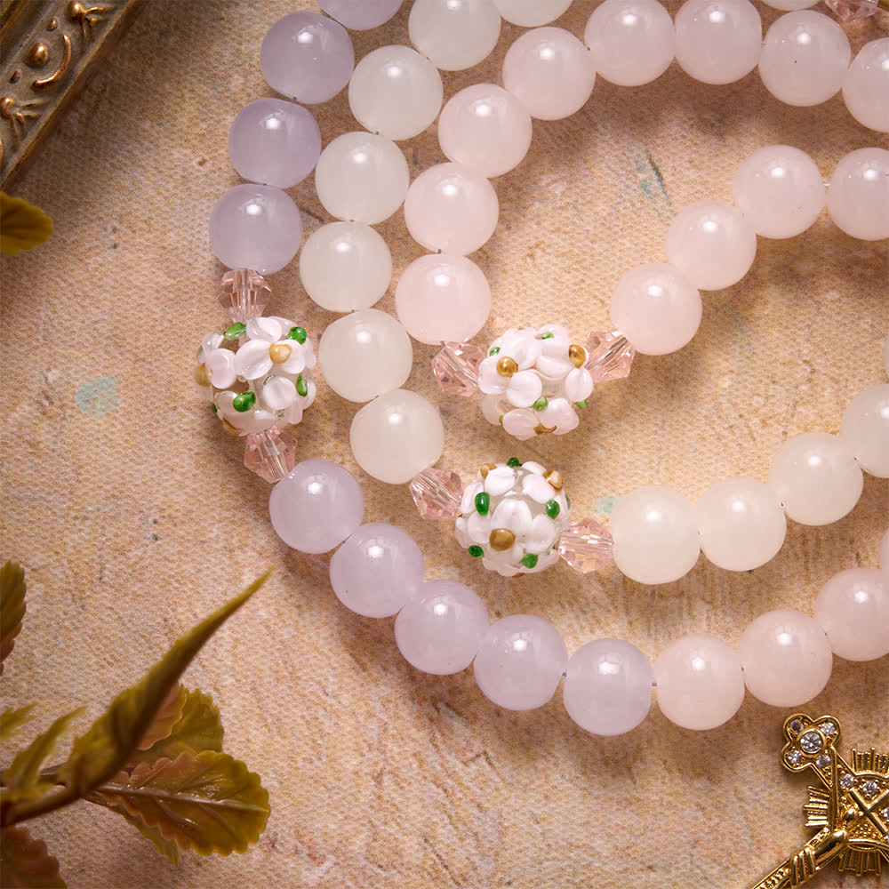 Christianartworkshop Gradient Pink Lavender Milky White Floral Glass Bead Rosary With Rhinestone Cross & Our Lady Medal - image 6