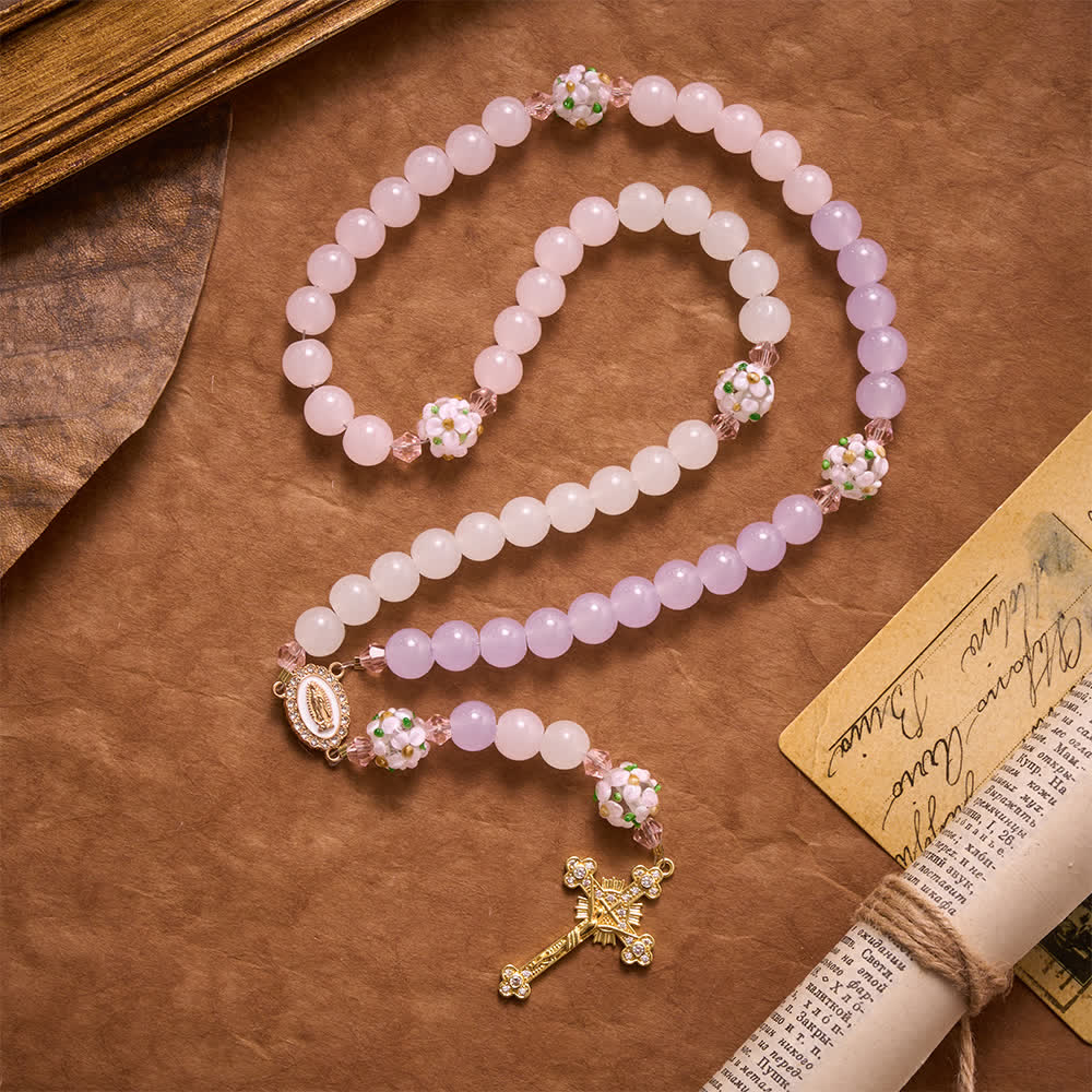 Christianartworkshop Gradient Pink Lavender Milky White Floral Glass Bead Rosary With Rhinestone Cross & Our Lady Medal - image 3