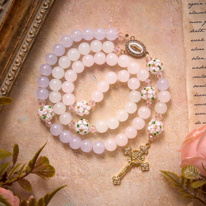 Christianartworkshop Gradient Pink Lavender Milky White Floral Glass Bead Rosary With Rhinestone Cross & Our Lady Medal - Pink-Tone Floral Rosary - image 0
