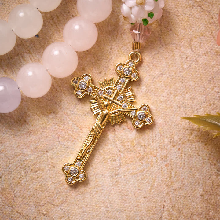 Christianartworkshop Gradient Pink Lavender Milky White Floral Glass Bead Rosary With Rhinestone Cross & Our Lady Medal - image 8