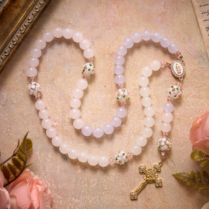 Christianartworkshop Gradient Pink Lavender Milky White Floral Glass Bead Rosary With Rhinestone Cross & Our Lady Medal - image 2