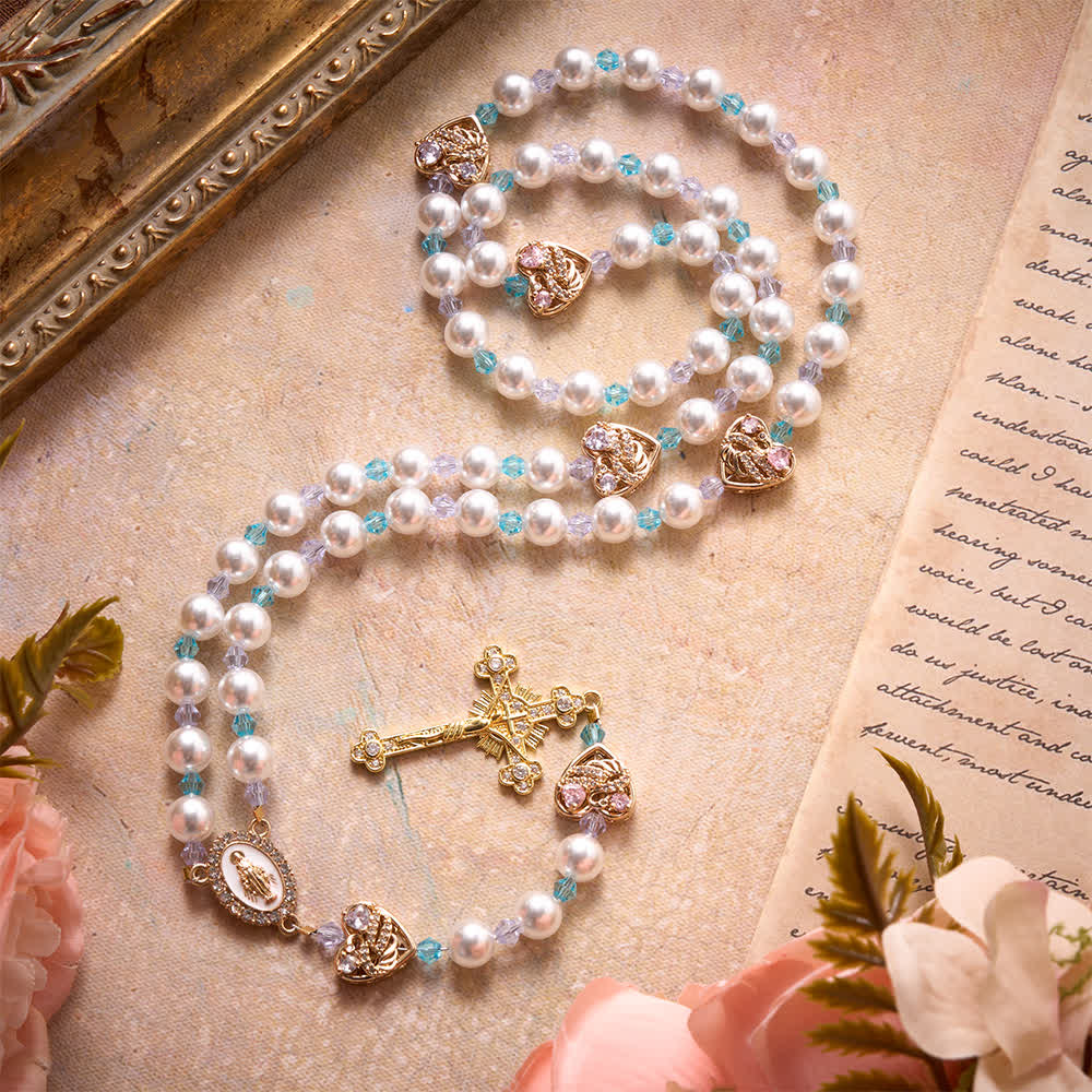 Christianartworkshop Glossy Imitation Pearl Rosary With Rhinestone Swan Heart Charms And Our Lady Medal & Jeweled Crucifix - image 2