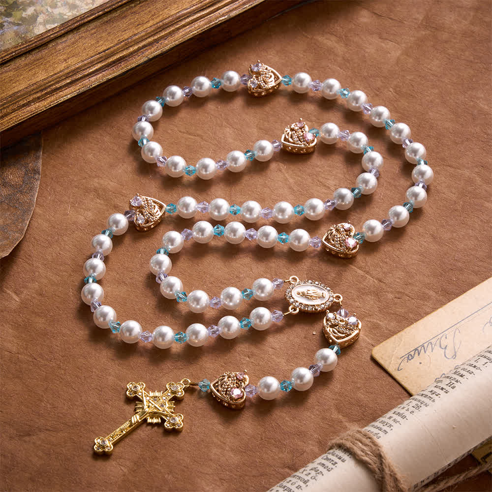 Christianartworkshop Glossy Imitation Pearl Rosary With Rhinestone Swan Heart Charms And Our Lady Medal & Jeweled Crucifix - Pearl Rosary - image 0