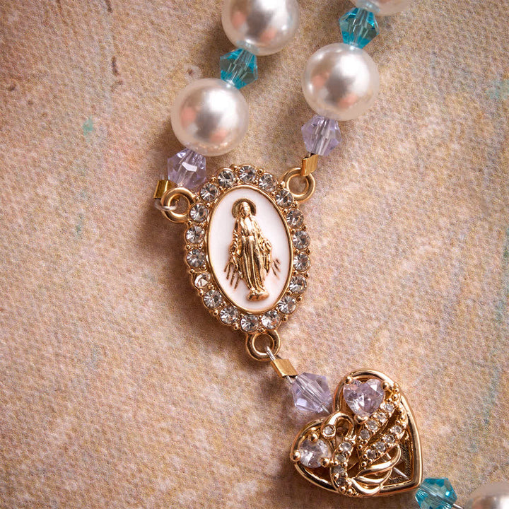 Christianartworkshop Glossy Imitation Pearl Rosary With Rhinestone Swan Heart Charms And Our Lady Medal & Jeweled Crucifix - image 6