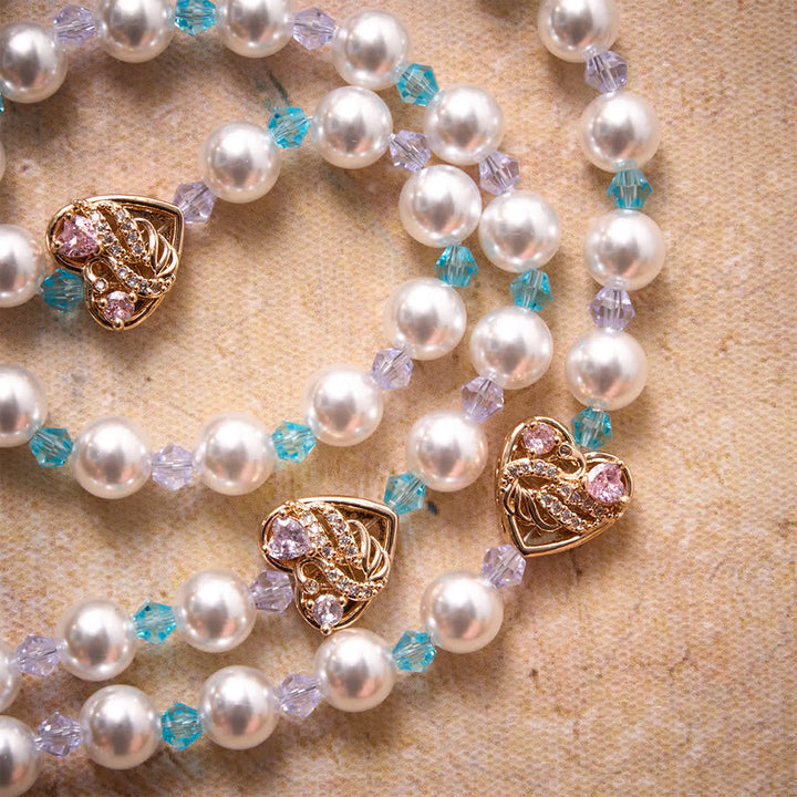 Christianartworkshop Glossy Imitation Pearl Rosary With Rhinestone Swan Heart Charms And Our Lady Medal & Jeweled Crucifix - image 5