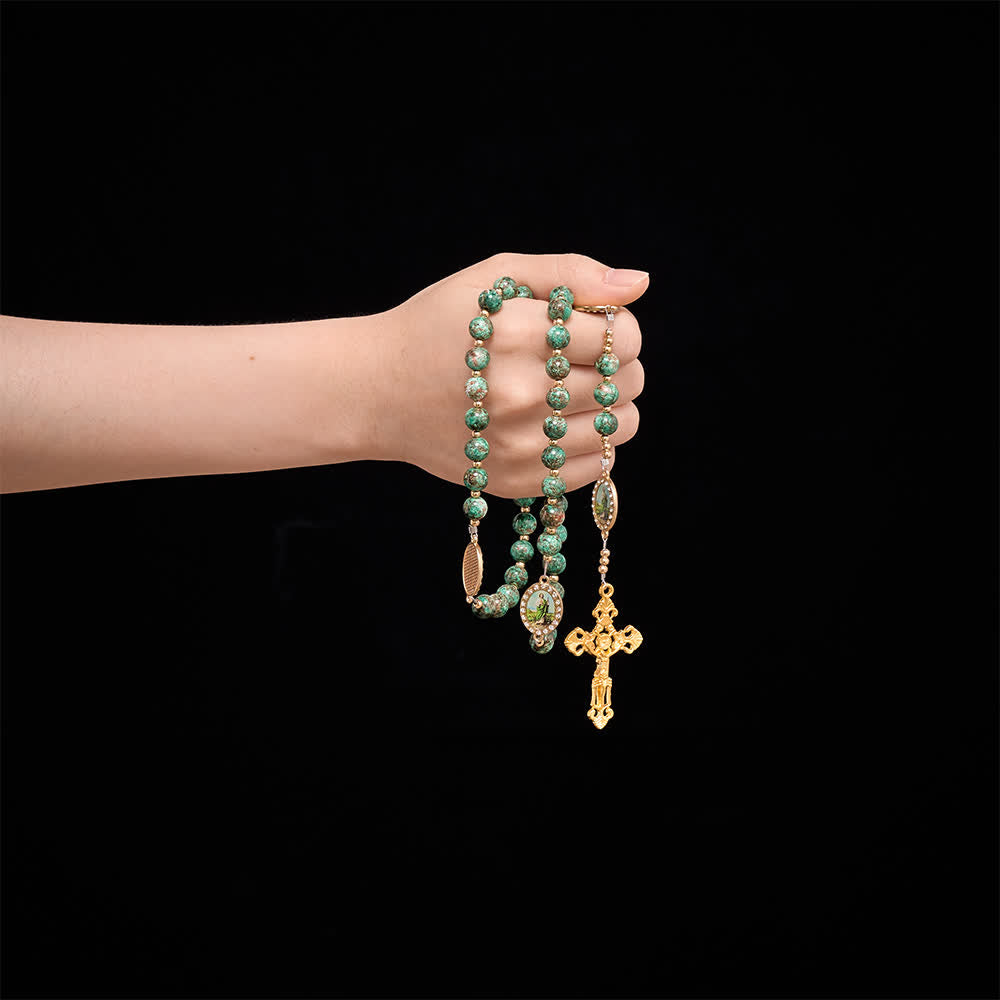 Christianartworkshop Natural Speckled Green Glass Rosary Decorated With Printed Saint Jude Oval Medallions - image 1