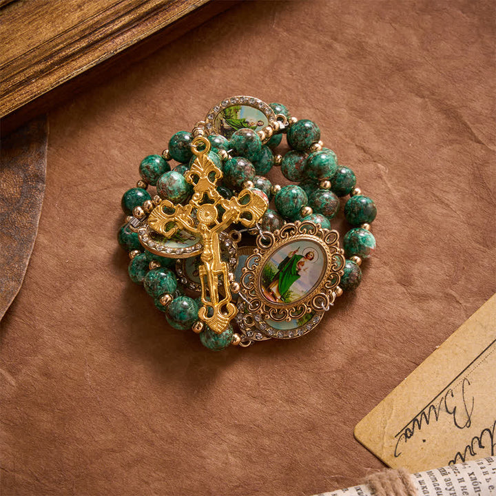 Christianartworkshop Natural Speckled Green Glass Rosary Decorated With Printed Saint Jude Oval Medallions - image 4