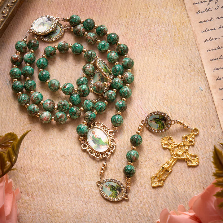 Christianartworkshop Natural Speckled Green Glass Rosary Decorated With Printed Saint Jude Oval Medallions - image 2